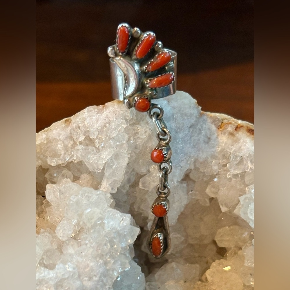 Bill & Lou Laweka Zuni Native American Ear Cuff Sterling Silver & Red Coral